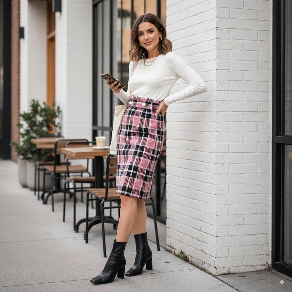 J.ING Pink Checker Print Tweed Midi Skirt with Belt Size XS NWT